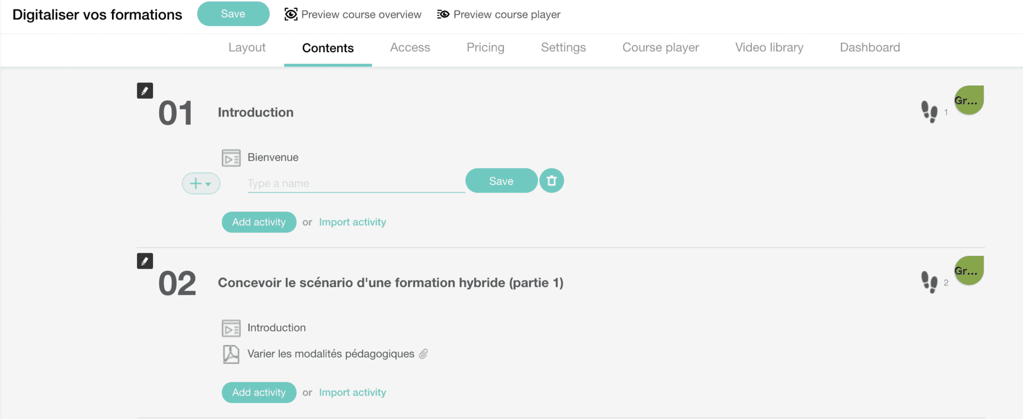 Aperçu du back office Learnworld