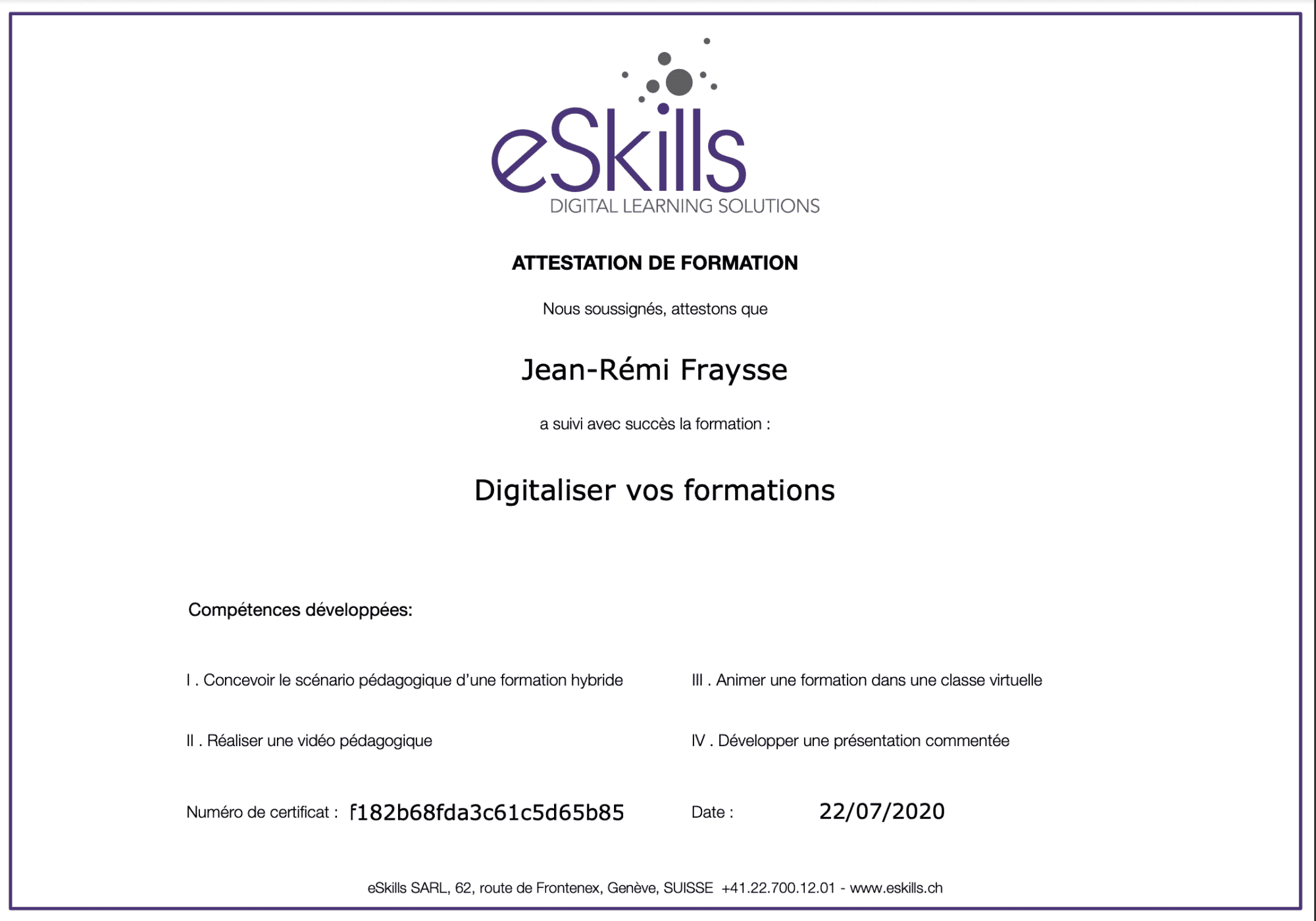 Attestation de formation Jean-Rémi