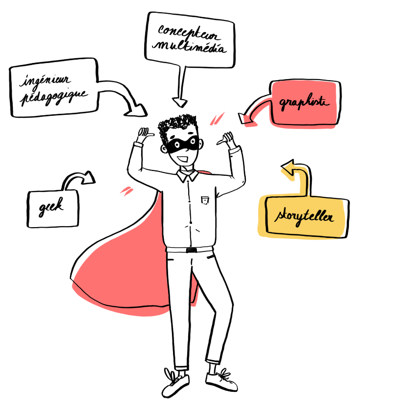 Illustration d'un super-héros invitant à rejoindre l'équipe e-Learning Genève