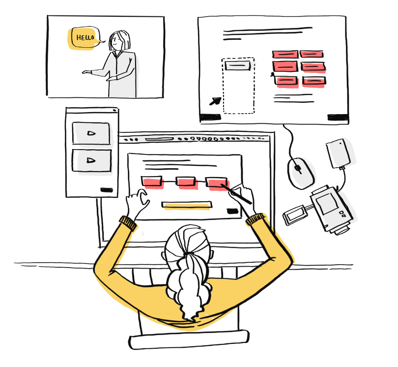 Illustration d'une femme travaillant sur des plateformes médias différentes