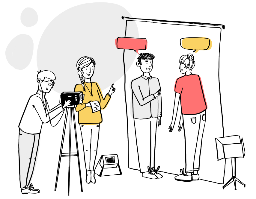 Illustration de production audiovisuelle pour e-learning, tournage vidéo avec un fond de couleur.