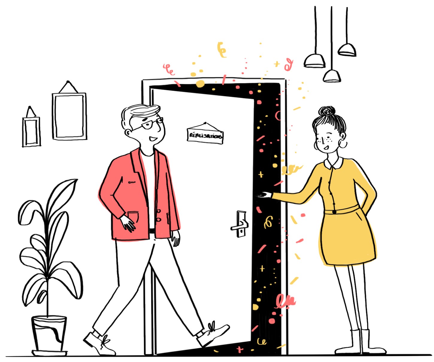 Illustration d'un client passant la porte de la réalisation pour découvrir le résulta de son projet