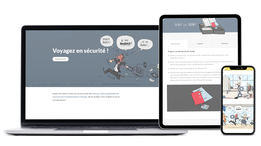 Sample images of the module Risk in business travel made for a private bank, on computer, tablet and smartphone.