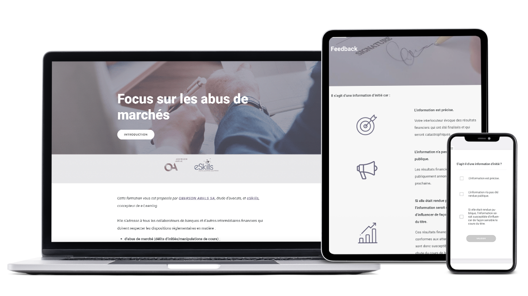 Examples of images of the project on market abuse realized for a private bank, on a computer, a tablet and a smartphone.