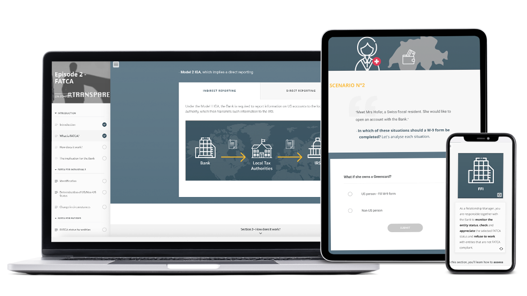 Examples of images from the FATCA project done for a private bank, on a computer, a tablet and a smartphone.
