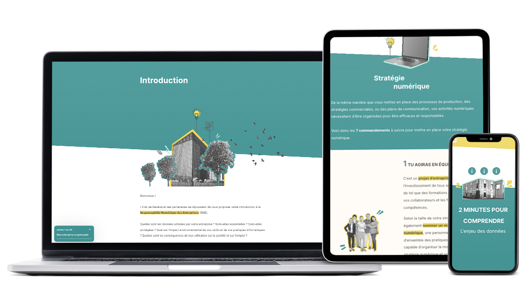 Exemples d’images du module Responsabilité Numérique des Entreprises, réalisé pour DGDERI, sur ordinateur, tablette et smartphone