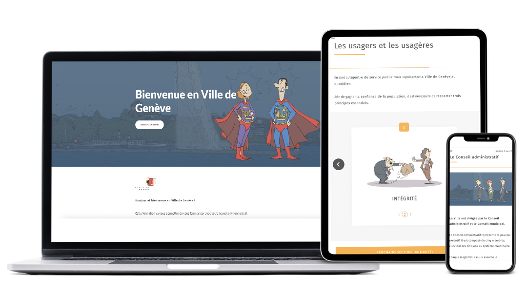 Exemples d’images du module Programme d’accueil, réalisé pour la Ville de Genève, sur ordinateur, tablette et smartphone