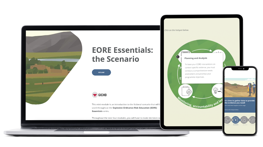 Exemples d’images du module Sensibilisation aux risques liés aux munitions explosives (EORE), réalisé pour GICHD, sur ordinateur, tablette et smartphone