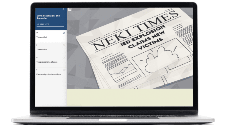 Exemples d’images du module Sensibilisation aux risques liés aux munitions explosives (EORE), réalisé pour GICHD, sur ordinateur