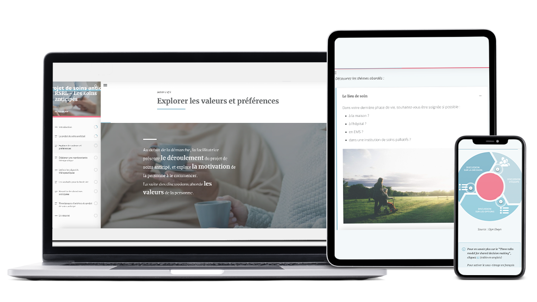 Exemples d’images du module Projet soins anticipé, réalisé pour RSRL, sur ordinateur, tablette et smartphone