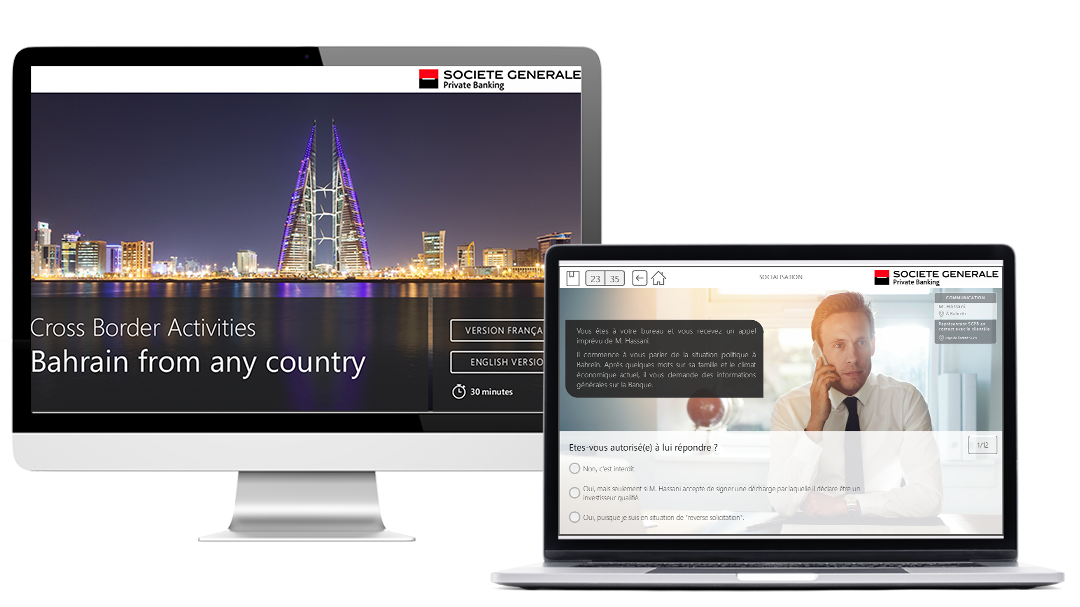 Sample images from the Cross Border Activities project for a private bank, on a computer.