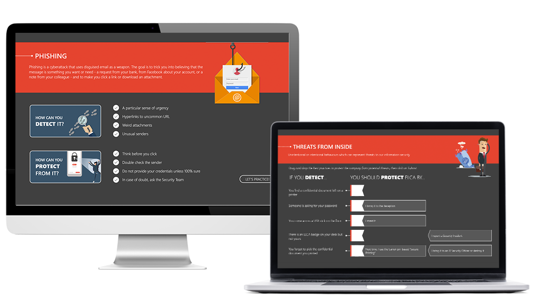 Exemples d'activité du module Sécurité de l'information - les essentiels réalisé pour Elca, sur un ordinateur et un ordinateur portable.