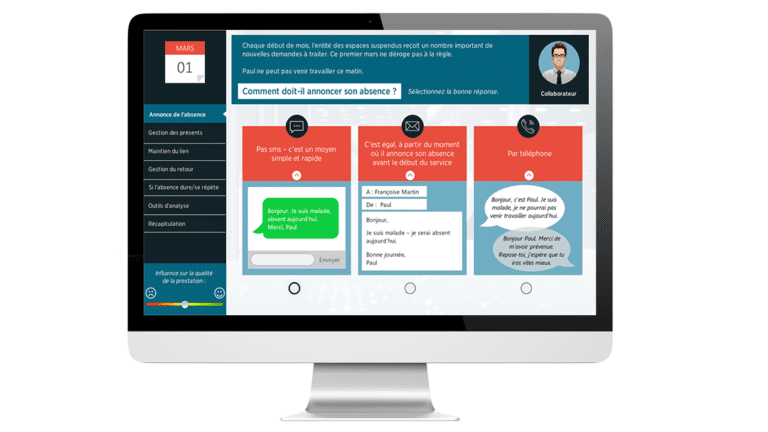 Example of a quiz from the absence management module created for the State of Geneva, on a computer.
