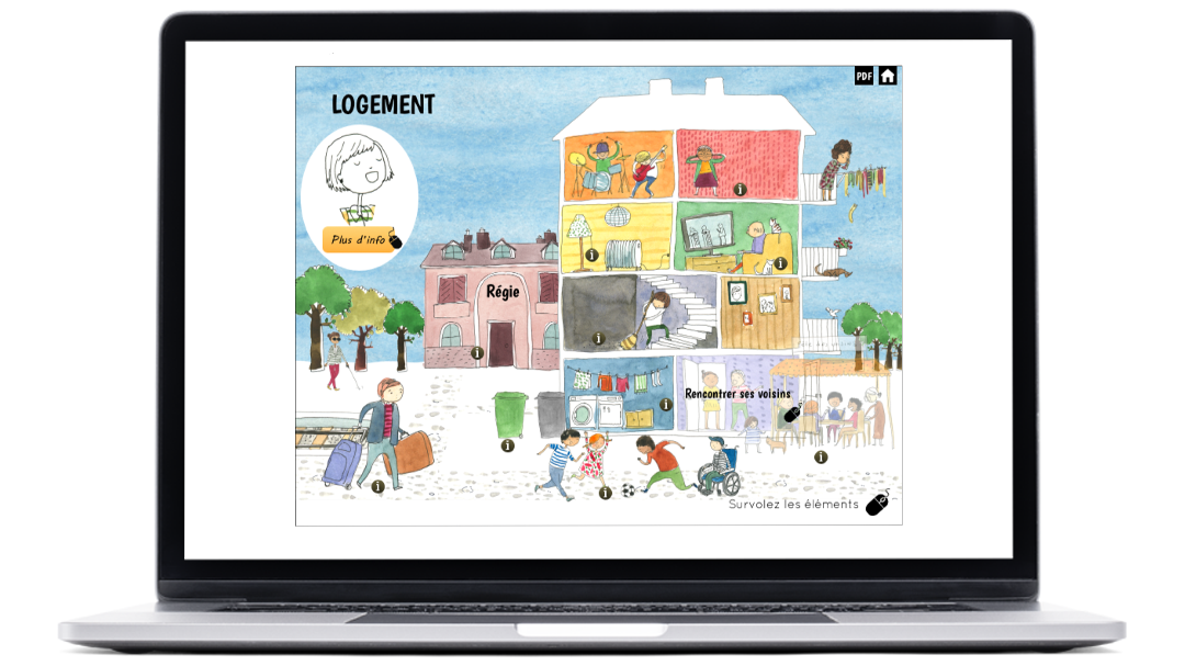 Exemples d’images du module informations sur Genève pour les migrants réalisé pour l'État de Genève, sur n ordinateur portable.