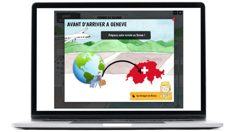 Exemples d’images du module informations sur Genève pour les migrants réalisé pour l'État de Genève, sur n ordinateur portable.