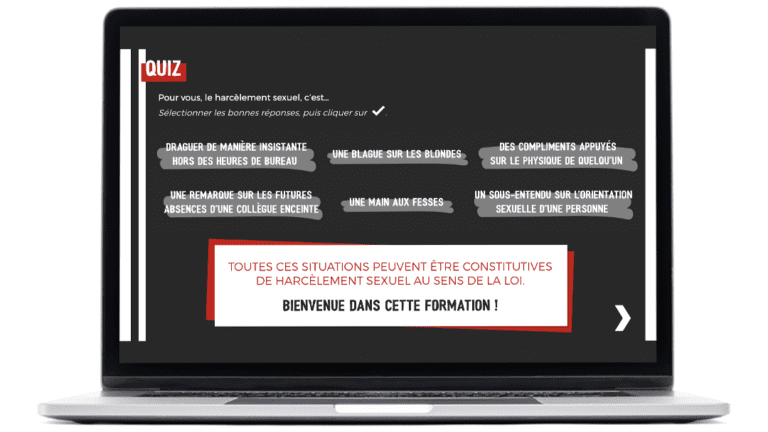 Exemples d’images du module Prévention du harcèlement sexuel, réalisé pour l’État de Genève, sur ordinateur