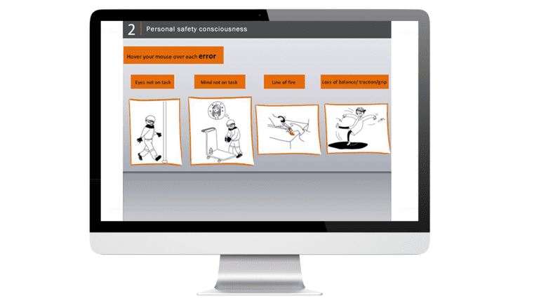 Examples of interactive illustrations of the elearning health and safety produced for Givaudan, on a computer.