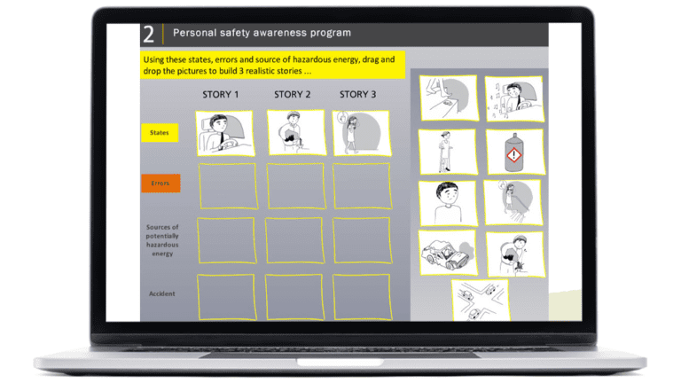 Examples of drag and drop illustrations of the elearning health and safety created for Givaudan, on a laptop.