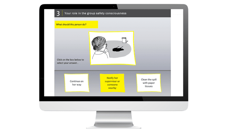 Examples of illustrations with clickable text of the health and safety elearning project for Givaudan, on a computer.