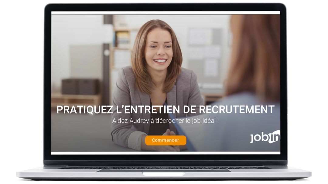 example of a recruitment image in the elearning of the Jobin platform created for the Geneva cantonal employment office, on a laptop.