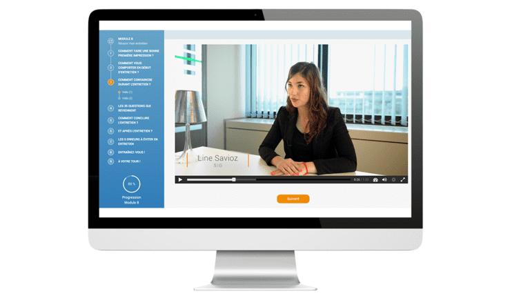 example of a video on elearning of the Jobin platform made for the cantonal employment office of geneva, on a computer.