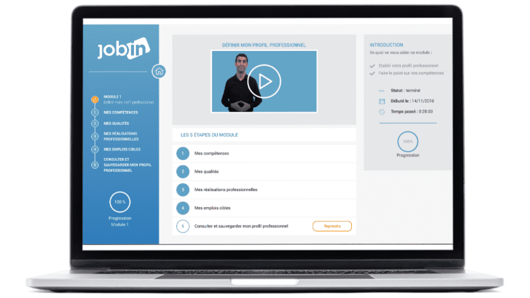 Example of motion design on elearning of the Jobin platform made for the Geneva cantonal employment office, on a laptop.