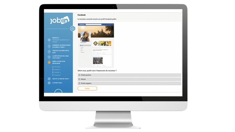 Example of a quiz in the elearning of the Jobin platform realized for the cantonal office of employment of Geneva, on a computer.