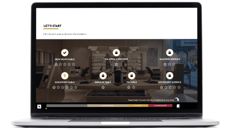 Exemples d’images de menu du module Visual Merchandising réalisé pour Nespresso, sur un ordinateur portable.