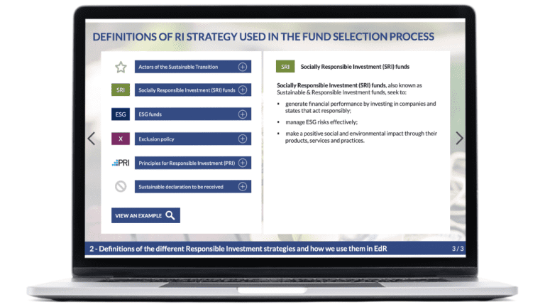 Sample images of the Sustainable Finance Academy module for Swiss Sustainable Finance, on a laptop.