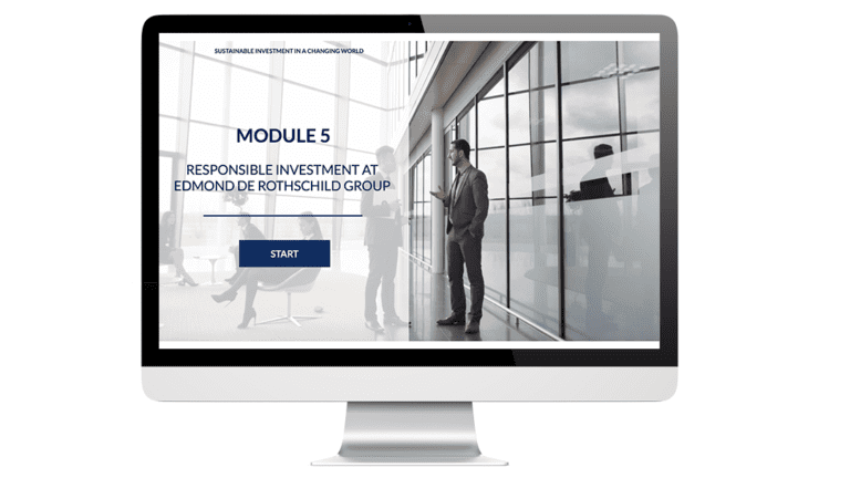 Sample starting images of the Sustainable Finance Academy module made for the Swiss Sustainable Finance, on a computer.