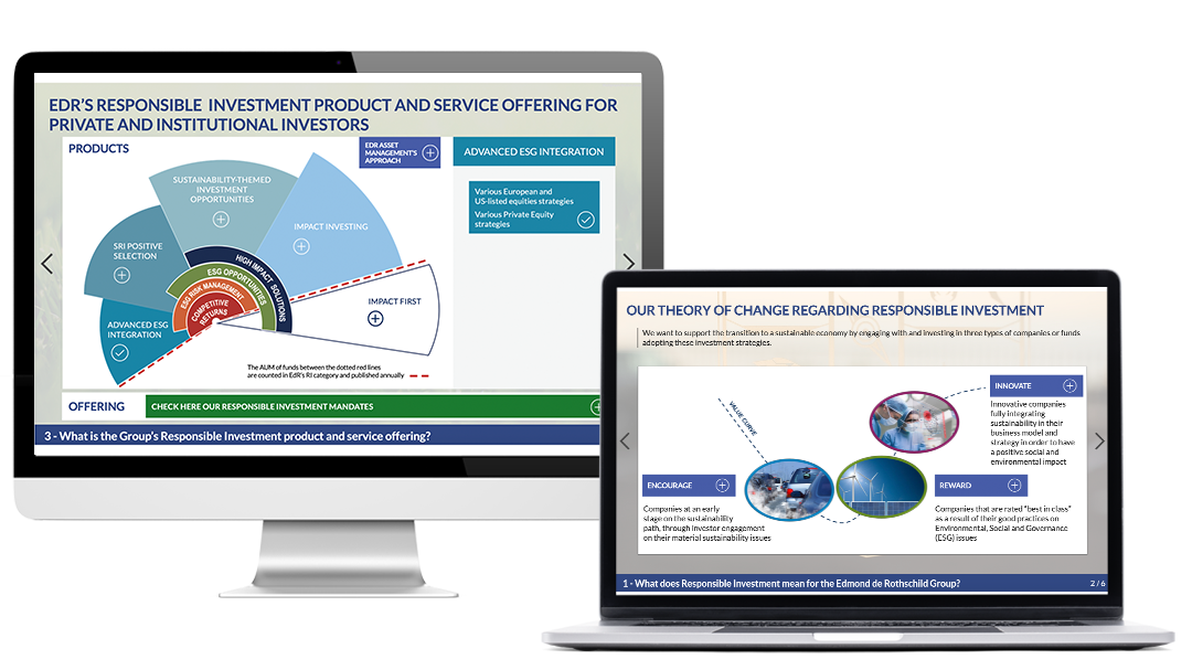 Examples of graphical images in the Sustainable Finance Academy module produced for the Swiss Sustainable Finance, on a computer and a laptop.