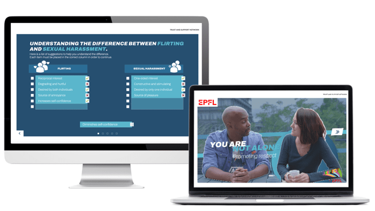 Images example of elearning module Harassment prevention, created for EPFL, on laptop