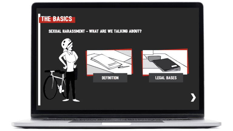 Images example of elearning module Prevention of sexual harassment, created for the State of Geneva, on laptop