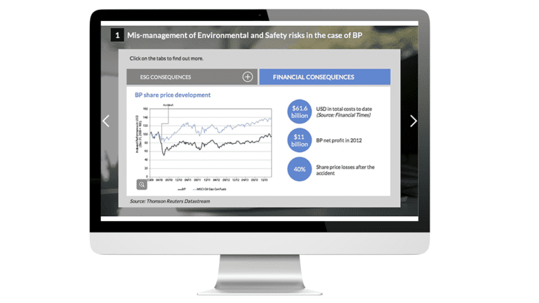 Examples of graphical images in the Sustainable Finance Academy module produced for the Swiss Sustainable Finance, on a computer.