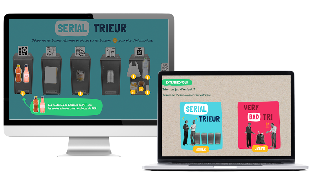 Captures d'écrans des jeu dans le e-learning sur le tri des dechets imaginé par eskills